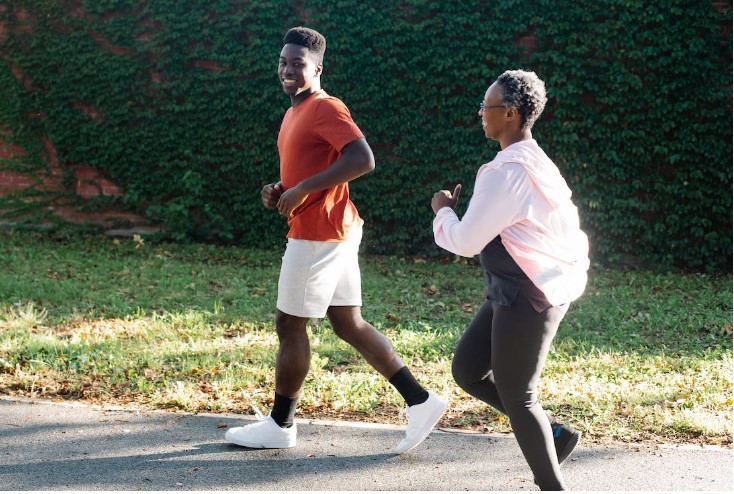 Couple brisk walking